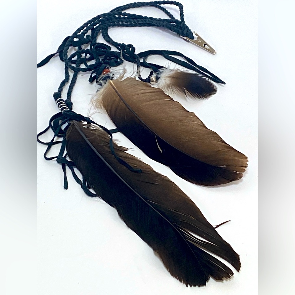 OOAK black leather feather tribal clip set. Festival Burning Man style